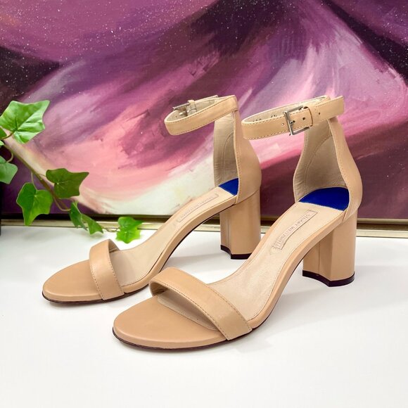 Stuart Weitzman 75 LessNudist Leather Ankle Strap Block Heel Sandals in Beige 6 - Picture 1 of 13